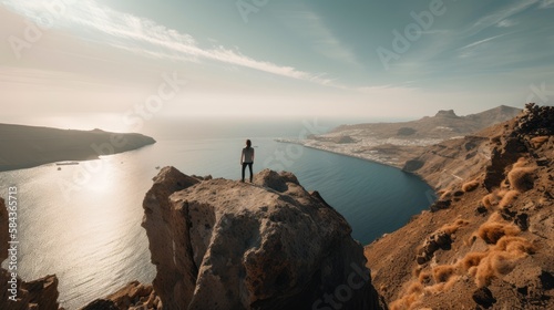 A young teen age hiker is standing on the edge of a cliff enjoying a dramatic overlook of the famous Colorado River. Generative Ai