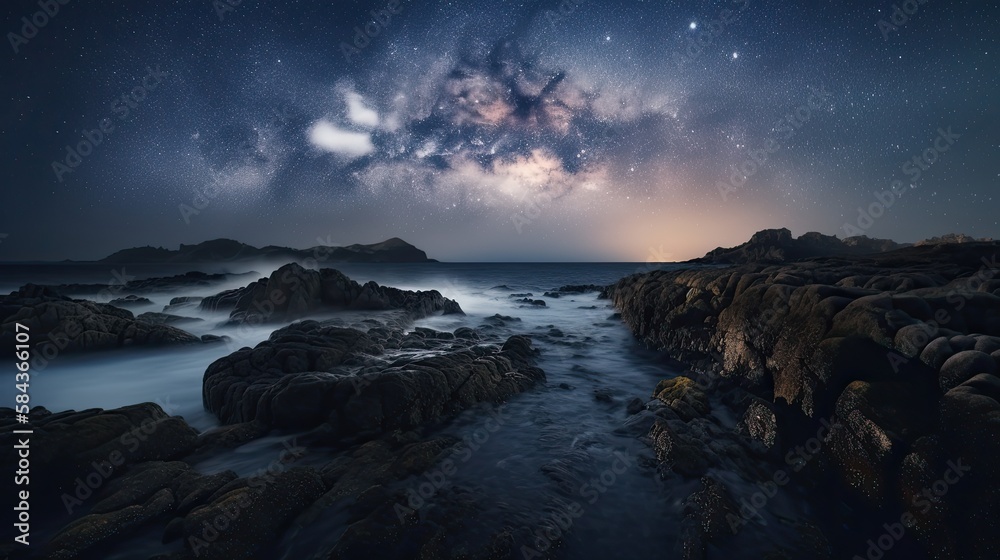 Obraz premium Milky Way and mountains at night. Beautiful landscape with bright milky way arch, rocky path, starry sky at night in Nepal. Trail in mountain valley, sky with stars. Generative Ai