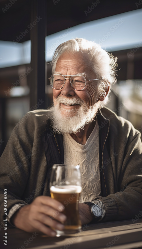 Fresh and healthy elderly senior man with a positive lifestyle, drinking a glass of beer Fresh and healthy elderly senior man with a positive lifestyle, drinking a glass of beer
