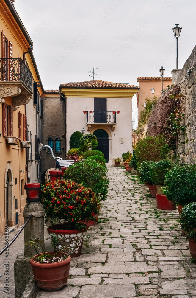 Vertical shot of the downtown street buildings view with narrow paths and plants, San Marino