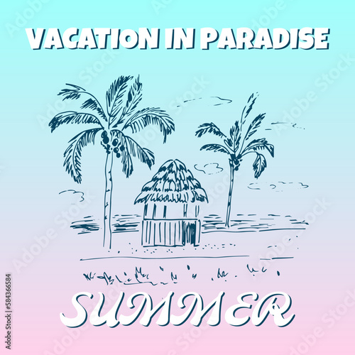 Tropical island with palm trees and a hut hand-drawn. Summer poster. Retro Postcard. Vintage design.Vector illustration