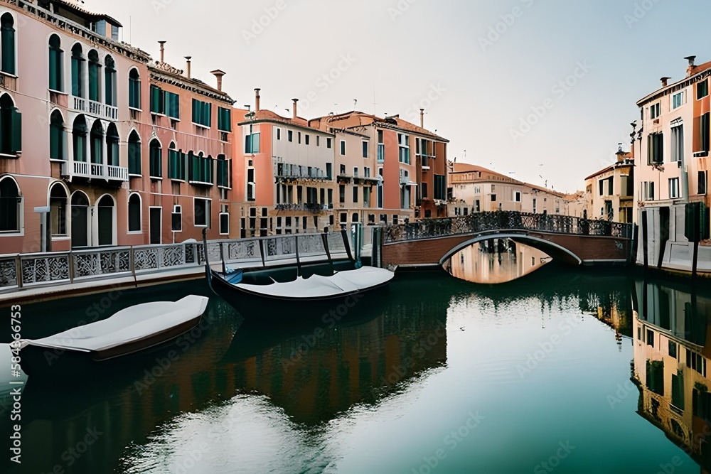 Fototapeta premium Venetian canal with historic architecture and gondolas, scenic water waterway in Venice at sunrise, traditional Italian city landscape with stone bridge