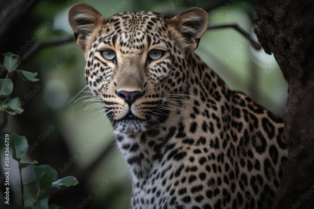 Fototapeta premium Close up young leopard portrait. Close up beautiful angry big leopard in forest. Generative Ai