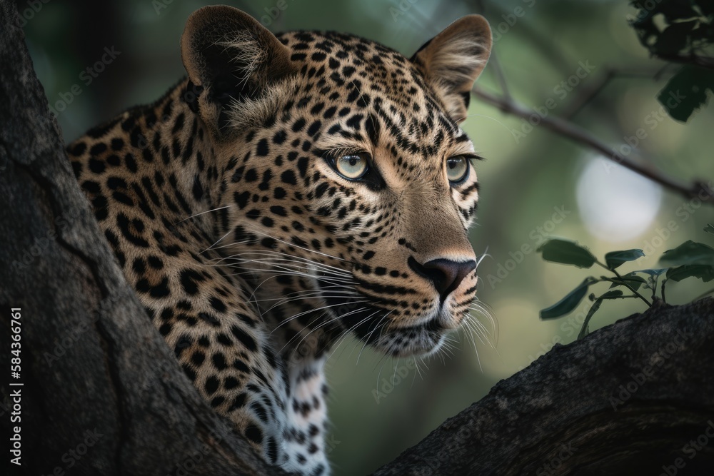 Close up young leopard portrait. Close up beautiful angry big leopard in forest. Generative Ai Close up young leopard portrait. Close up beautiful angry big leopard in forest. Generative Ai