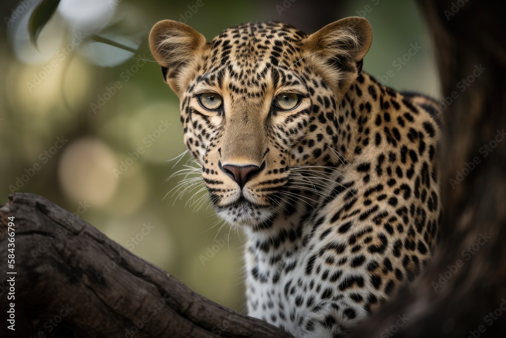 Obraz premium Close up young leopard portrait. Close up beautiful angry big leopard in forest. Generative Ai