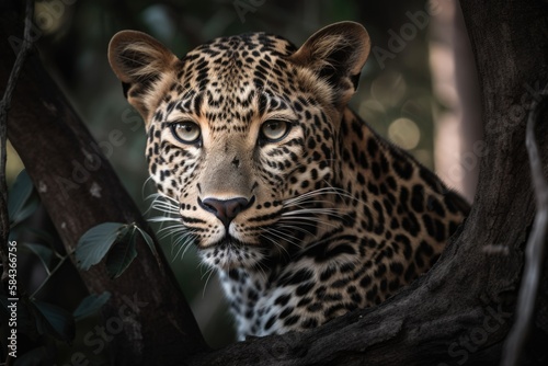 Close up young leopard portrait. Close up beautiful angry big leopard in forest. Generative Ai © Kowit