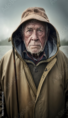 Loneliness in older people concept with an elderly man standing at a lake, gone fishing. AI Generated