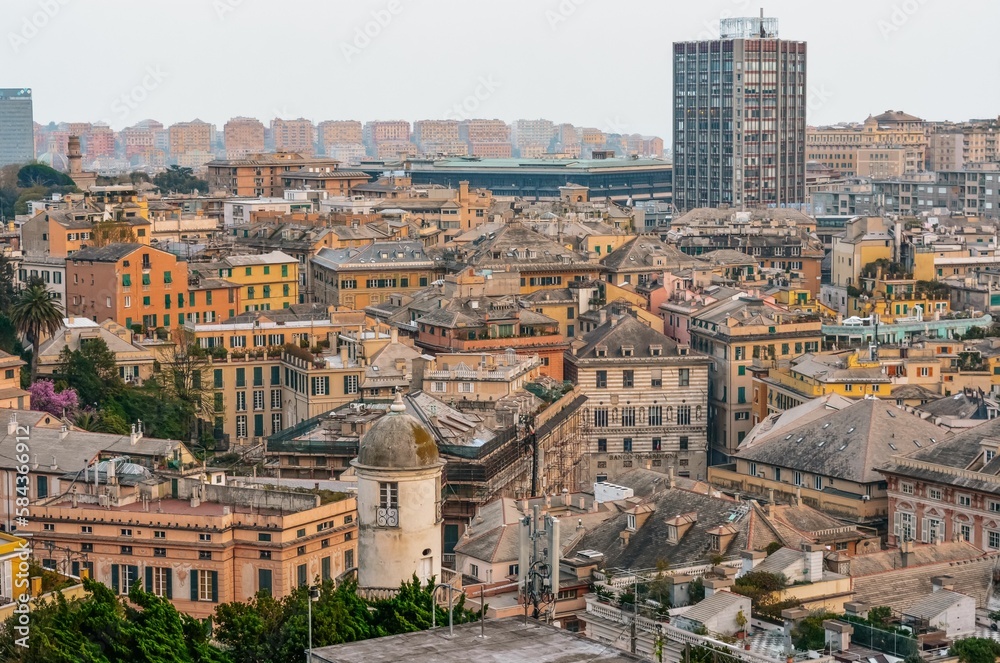 Architecture of Genoa with unique roofs, Italy