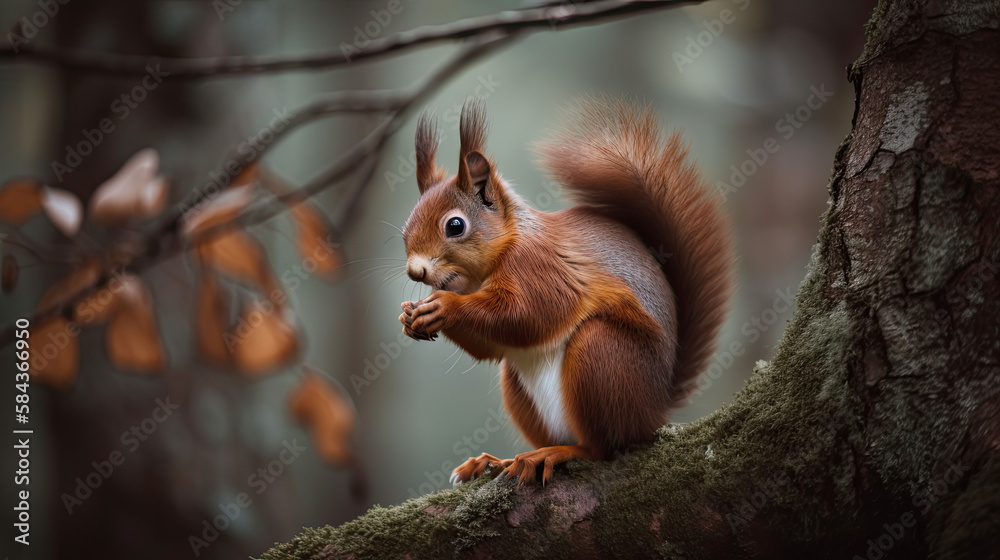 red squirrel in the park. Generative AI image.