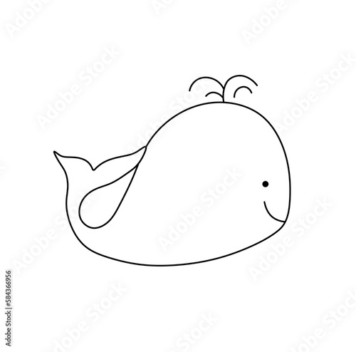 Vector isolated one single cute cartoon funny whale with water fountan colorless black and white contour line easy drawing photo
