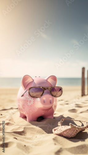 Pink piggy bank on summer holiday visualizing vacation savings. AI Generated © Polarpx
