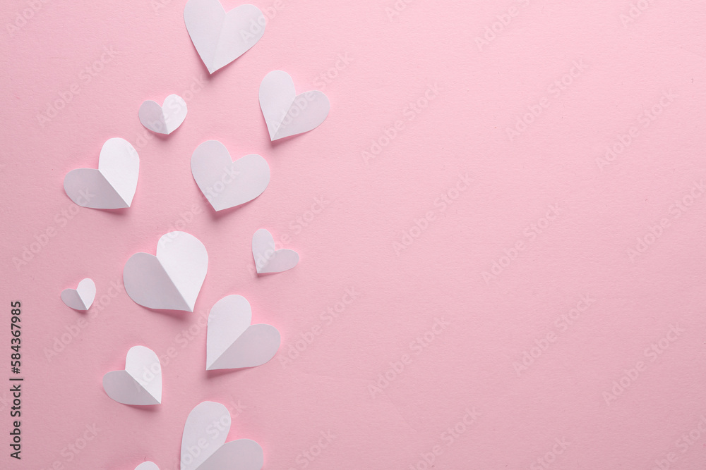 Paper-cut white hearts on a pink background. Love, romantic, valentine's day. Copy space