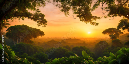 Wallpaper with a tropical landscape at sunset. Jungle with mountains, palms, trees and other wild plants. Sky with clouds and setting sun. Rainforest illustration. Pristine nature. Generative AI