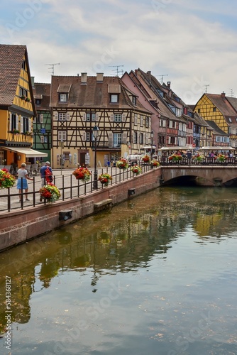 Vertical shot of the view of the Canal and streets in the city center of Colmar, France
