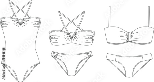 "Woman sustainable swimwear, technical drawing, template, sketch, flat, mock up. Recycled PA, Recycled PES, Lycra fabric swimwear front view, white color"	
