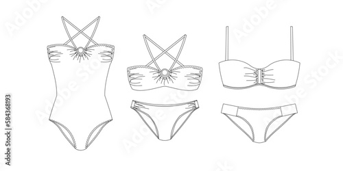 "Woman sustainable swimwear, technical drawing, template, sketch, flat, mock up. Recycled PA, Recycled PES, Lycra fabric swimwear front view, white color"	
