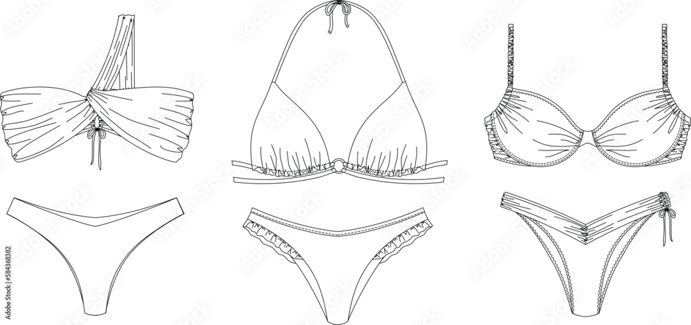 custom made wallpaper toronto digital"Hand drawn woman swimwear, technical vector drawing, template, sketch, flat, mock up. Recycled PA, Recycled PES, Lycra fabric bikini front view, white color"	