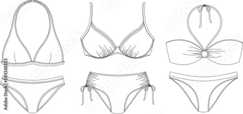 "Woman sustainable swimwear, technical drawing, template, sketch, flat, mock up. Recycled PA, Recycled PES, Lycra fabric swimwear front view, white color"	
