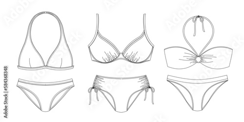 "Woman sustainable swimwear, technical drawing, template, sketch, flat, mock up. Recycled PA, Recycled PES, Lycra fabric swimwear front view, white color" 