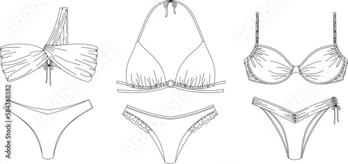 "Hand drawn woman swimwear, technical vector drawing, template, sketch, flat, mock up. Recycled PA, Recycled PES, Lycra fabric bikini front view, white color"	