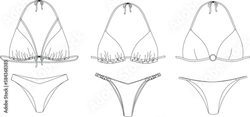 "Woman sustainable swimwear, technical drawing, template, sketch, flat, mock up. Recycled PA, Recycled PES, Lycra fabric swimwear front view, white color"	
