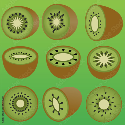 Kiwi fruit icon set. Vector illustration of slice kiwi for fruit and food design. Graphic resource of kiwifruit for vegetarian, healthy, diet, nutrition and tropical. Chinese gooseberry illustration