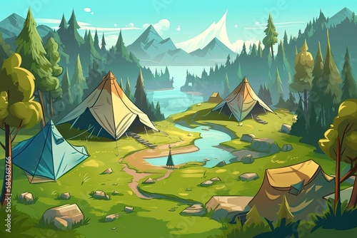 Summer forest or mountain tourist campground or campsite with tents and fireplace  flat cartoon vector illustration. Summer backpackers camping background.