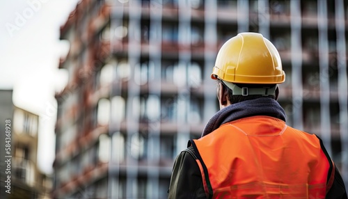 Construction concept. at back of the construction worker head which is wearing the safety helmet and checking work at the construction site. Non-existent person. Generative Ai 