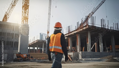 Construction concept. at back of the construction worker head which is wearing the safety helmet and checking work at the construction site. Non-existent person. Generative Ai 