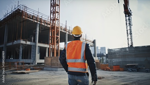 Construction concept. at back of the construction worker head which is wearing the safety helmet and checking work at the construction site. Non-existent person. Generative Ai	
