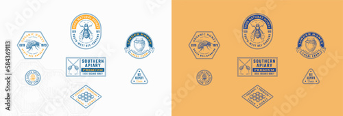 Bee Honey Farm Retro Framed Badges and Logo Templates Collection. Hand Drawn Beekeeping Apiary Honeycomb Hive Illustrations with Retro Typography. Vintage Engraving Style Emblems Set Isolated