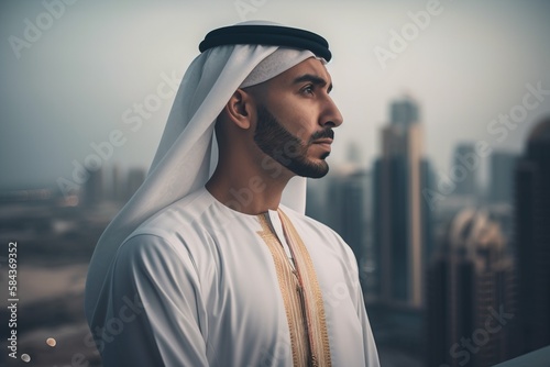 A fictional person. Modern Arab Man in Traditional Clothing Against City Skyline