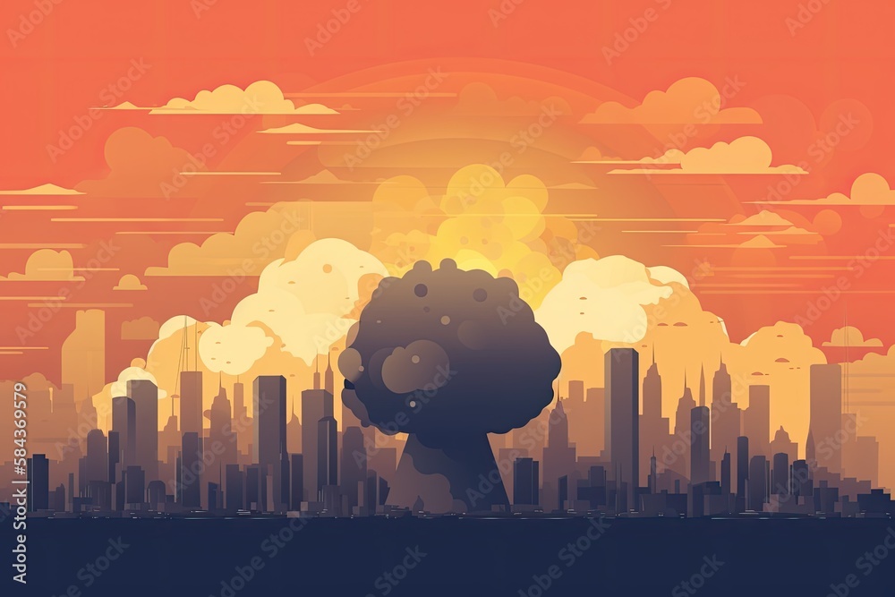 The explosion of the nuclear bomb. End of world illustration. Nuclear war threat concept. A modern nuclear bomb explosion over a small city.  Generative Ai