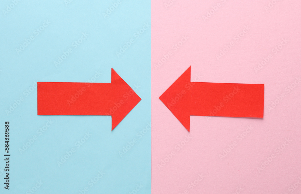 Red pointing arrows on blue-pink background. Creative layout Red pointing arrows on blue-pink background. Creative layout