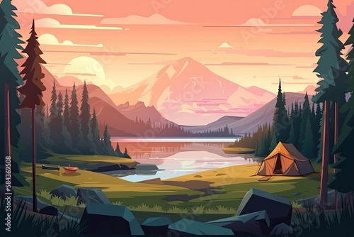 Summer forest or mountain tourist campground or campsite with tents and fireplace, flat cartoon vector illustration. Summer backpackers camping background.
