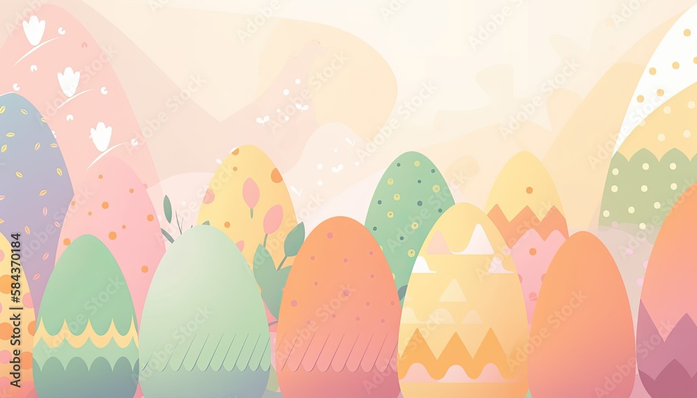 Cute Easter eggs with colorful pastel illustrations. Easter Eggs, Colorful and Pretty. Background with space for copy, text, your words, or design. Generative Ai.