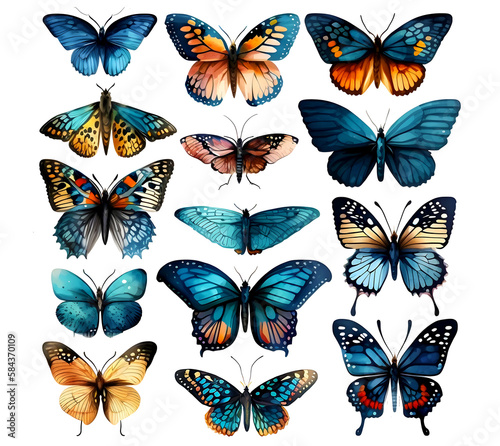 Realistic illustration of mixed set butterflies  on isolated white background created with Generative AI technology © designermetin