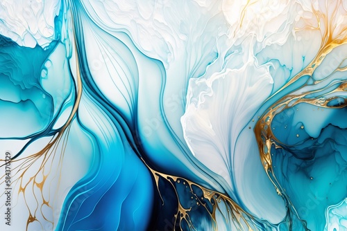 White and blue alcohol ink pattern, translucent background, fluid art.