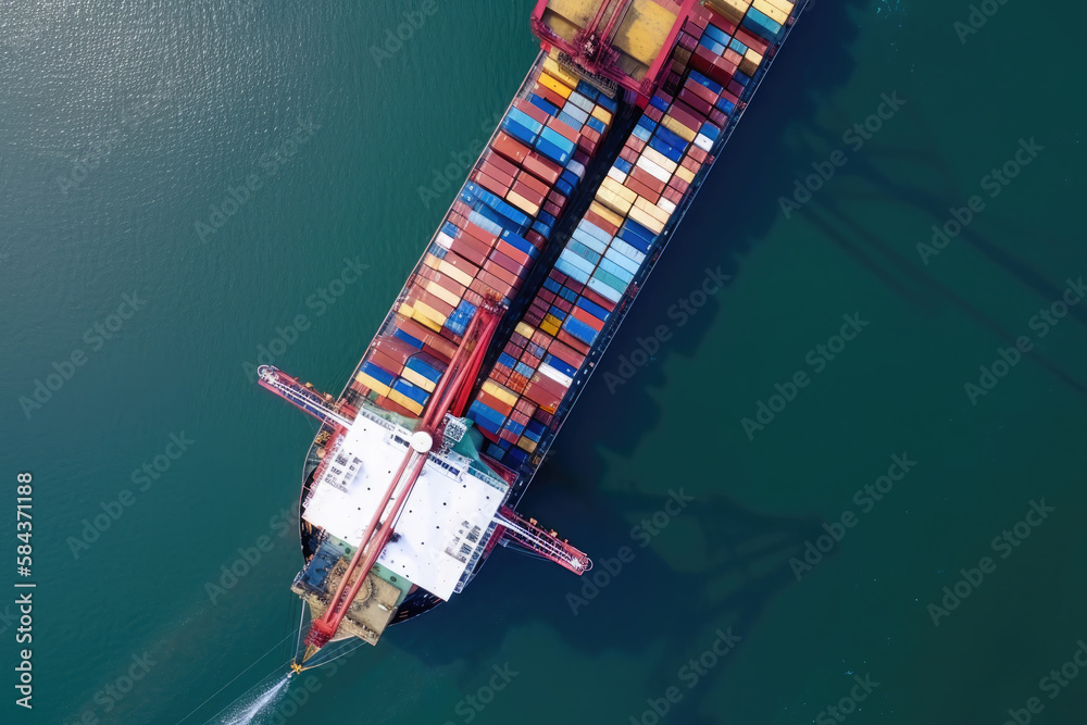 aerial image of a cargo ship plying the seas transporting containers internationally. Ai generative