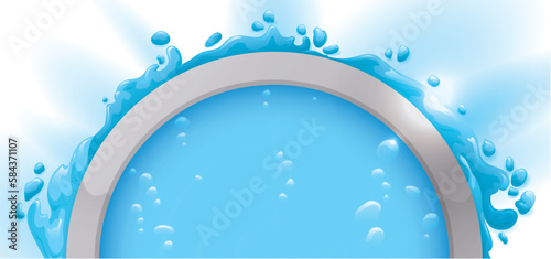 Blue semicircular template with silver frame and water splashes, Vector illustration