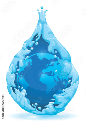 Stream of water with drop shape covering a blue globe, Vector illustration