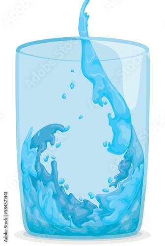 Transparent glass filling up with a stream of water in cartoon style, Vector illustration