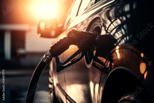 Fotografia Close-up of a nozzle of a gasoline hose while filling the fuel tank of a car, generative AI