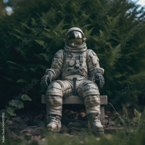 An astronaut sitting on a chair basking in green forest. Generative AI