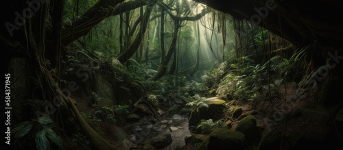 Beams of sunlight piercing through dense dark woodland forest creating a peaceful and thoughtful setting. Generative Ai
