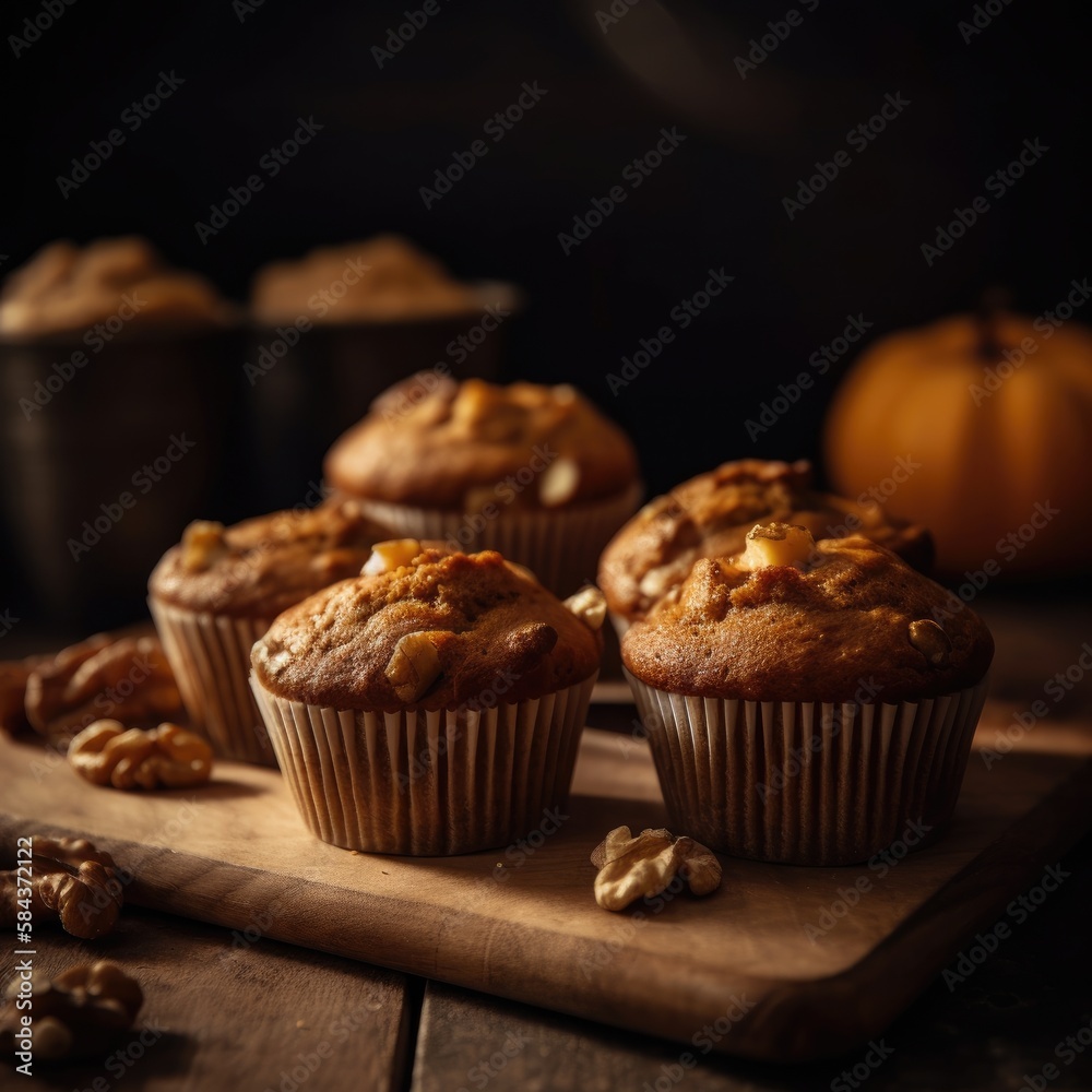 Healthy pumpkin muffins, vegan baked food, autumn dessert. Generative Ai