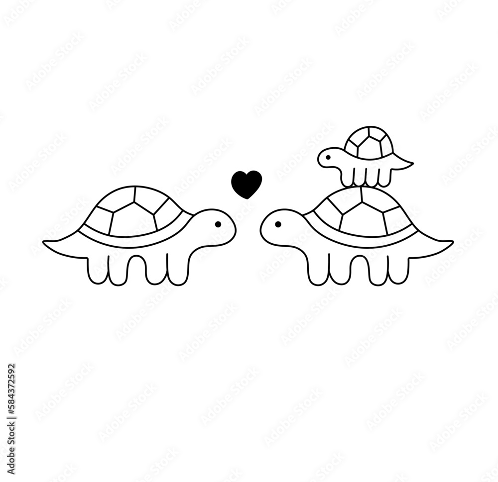 Vector isolated cute cartoon funny turtles family turtle father mother baby colorless black and white contour line easy drawing Vector isolated cute cartoon funny turtles family turtle father mother baby colorless black and white contour line easy drawing