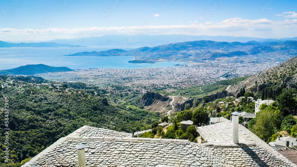 Panoramic view from Pelio mountain to port of Volos city Thessaly Greece travel and tourism destination.