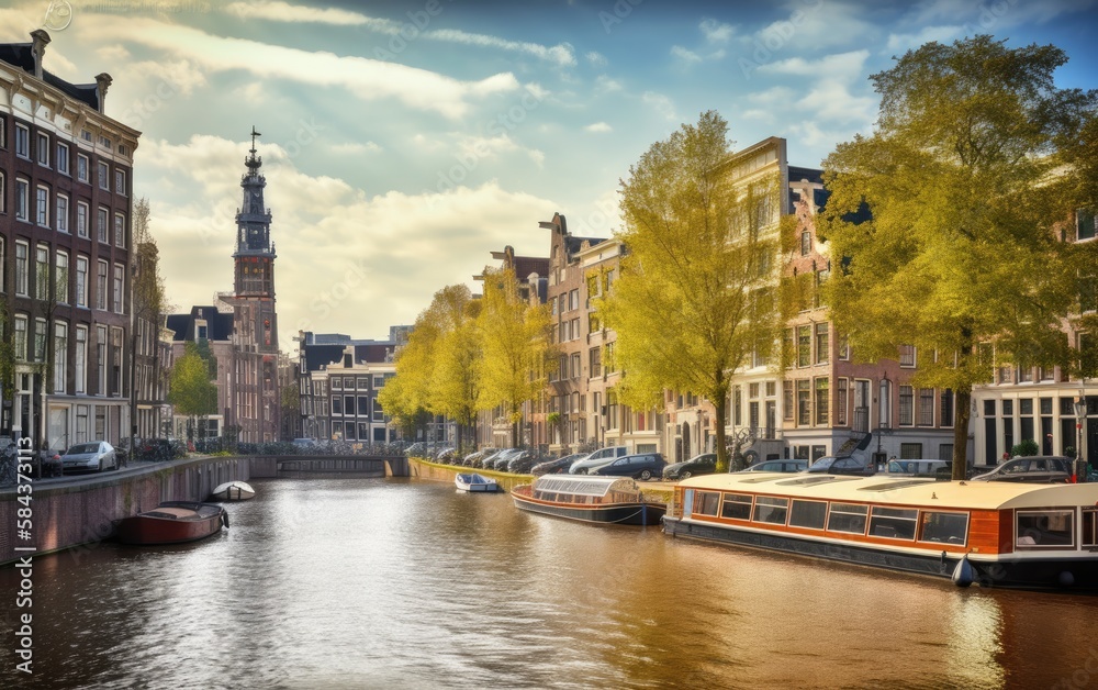 Fototapeta premium Channel in Amsterdam Netherlands houses river Amstel landmark, Generative AI.