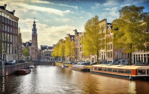 Channel in Amsterdam Netherlands houses river Amstel landmark, Generative AI.
